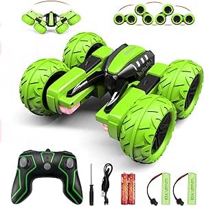 Amicool Remote Control Car for Kids 3-12 Years Old, Birthday Toy for Boys Age 4 5 6 7 8, RC Car Stunt with Light 4WD 2.4Ghz Double Side Rotating Racing Vehicle 360° Flips Offroad Green