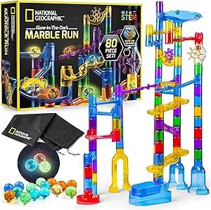 NATIONAL GEOGRAPHIC Glowing Marble Run – Construction Set with 15 Glow in the Dark Glass Marbles & Storage Bag, STEM Gifts for Boys and Girls, Building Project Toy (Amazon Exclusive)